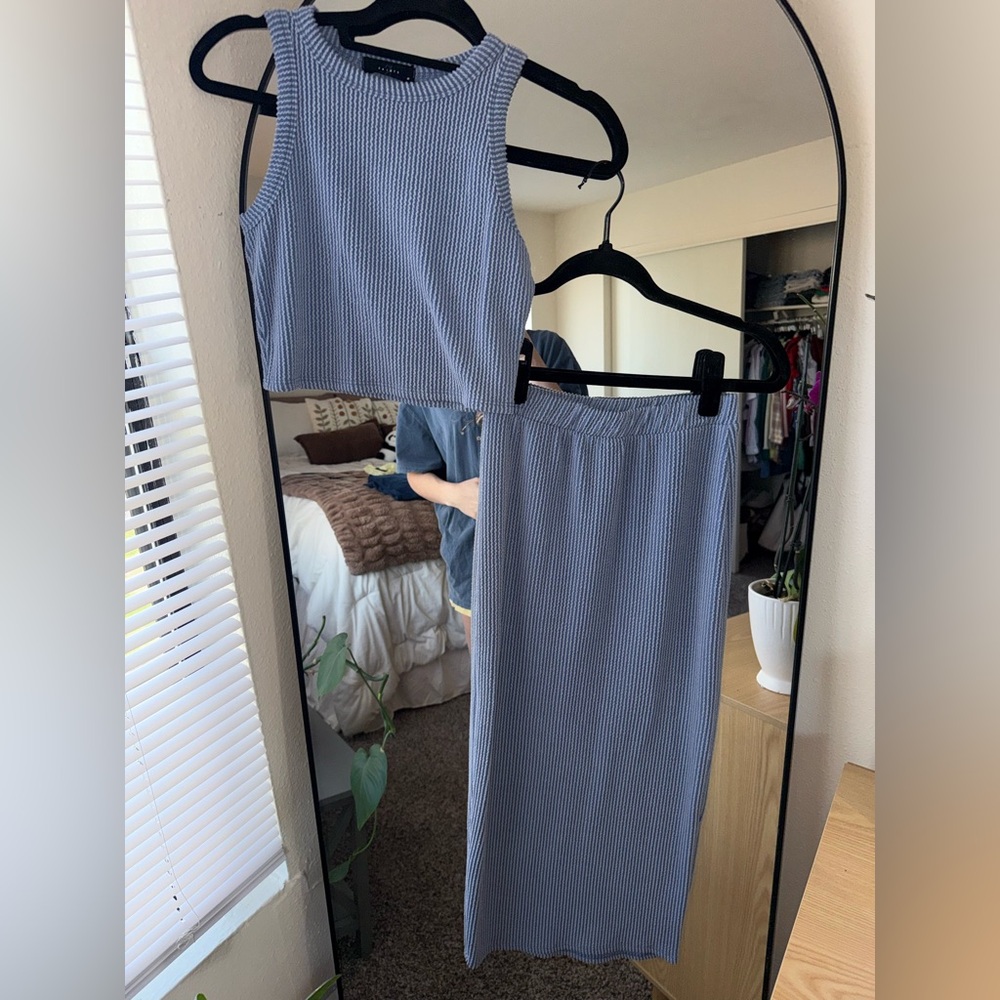 Ribbed Two-Piece Midi Skirt Set — Light Blue